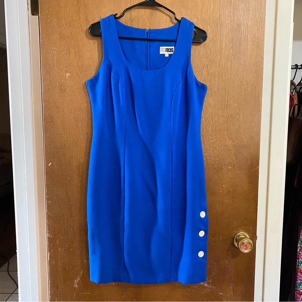 Size 7/8 Blue First Focus sleeveless midi dress with buttons on the bottom side